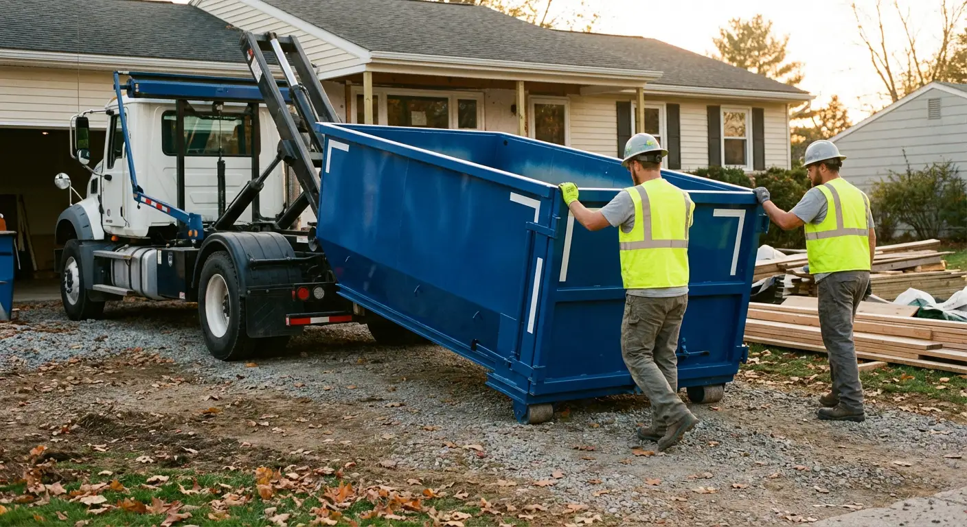 Construction dumpster delivery truck in action in Orlando, FL