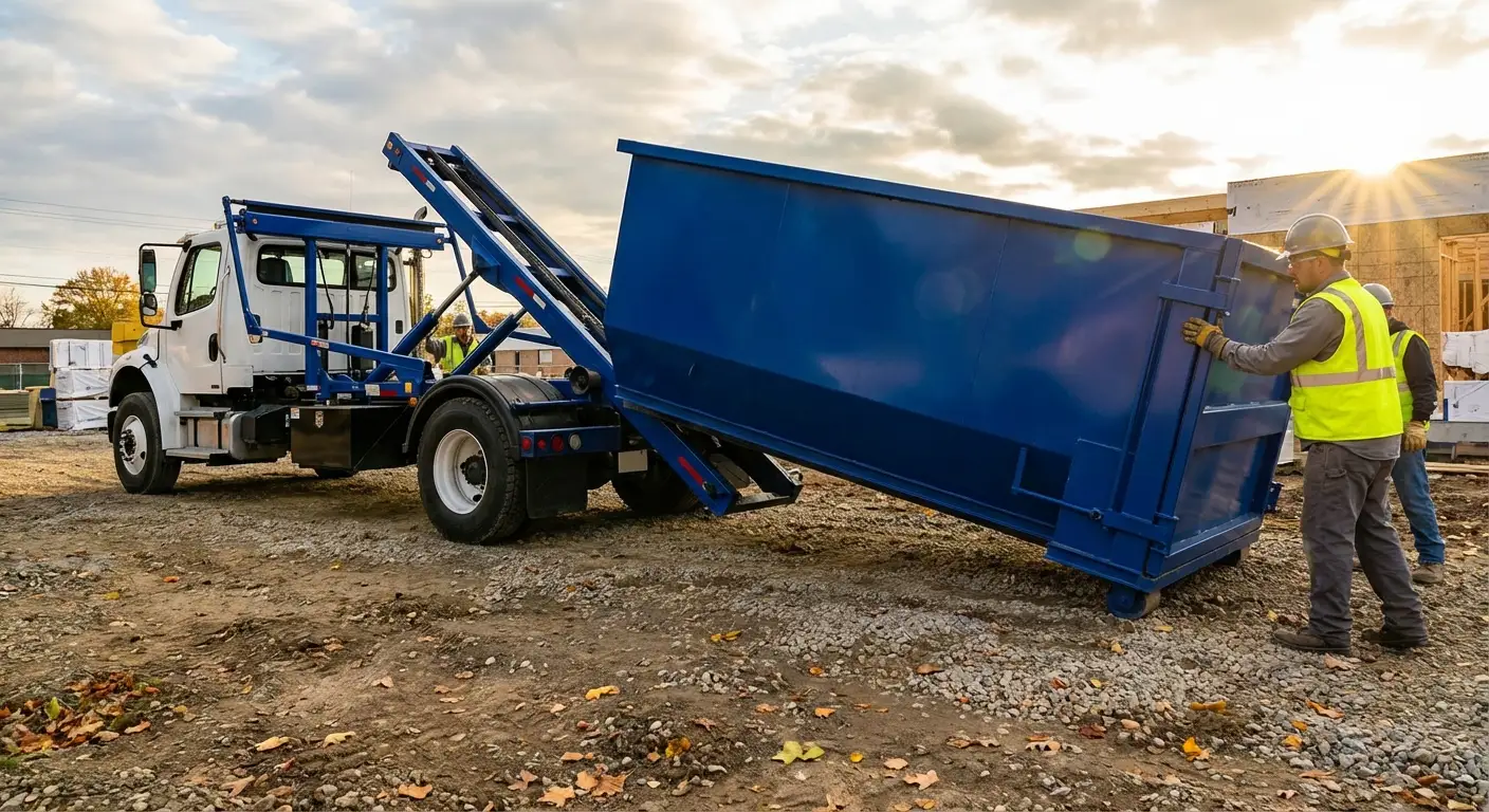 Construction dumpster delivery truck at job site in Orlando, FL