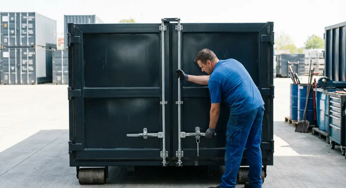 Dumpster walk-in loading door open showing easy access in Orlando, FL