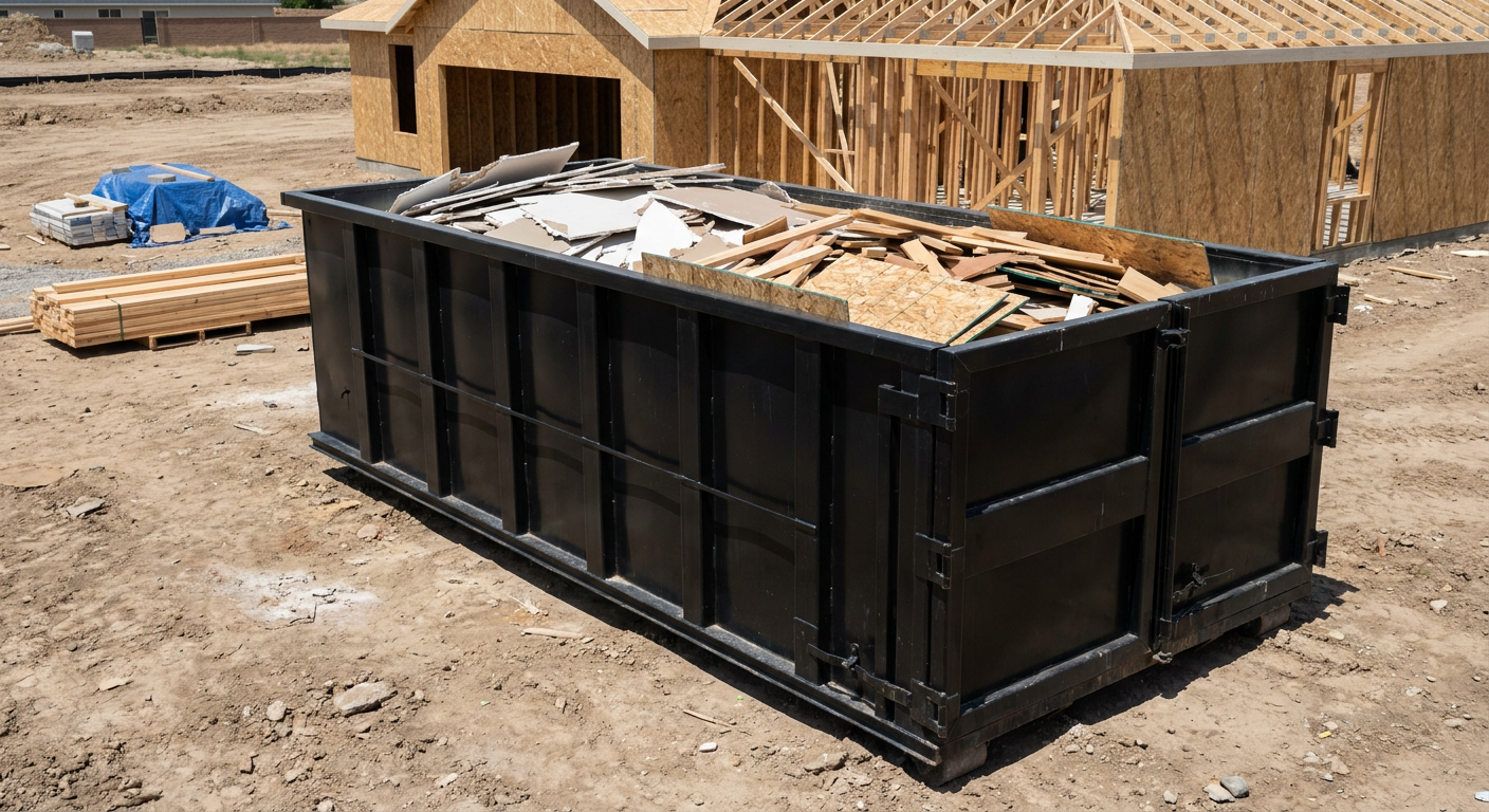 Matte-black 30-yard roll-off construction dumpster sitting directly on the compacted-dirt site of a framed single-family home build in Orlando, drywall and lumber scrap loaded inside.