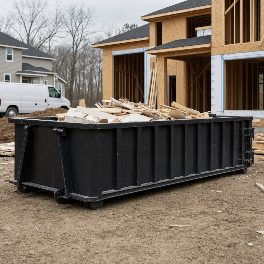 Worker in a yellow high-visibility vest tossing framing lumber and broken drywall into a matte-black 30-yard construction roll-off dumpster on an active build site in Orlando, bright daylight