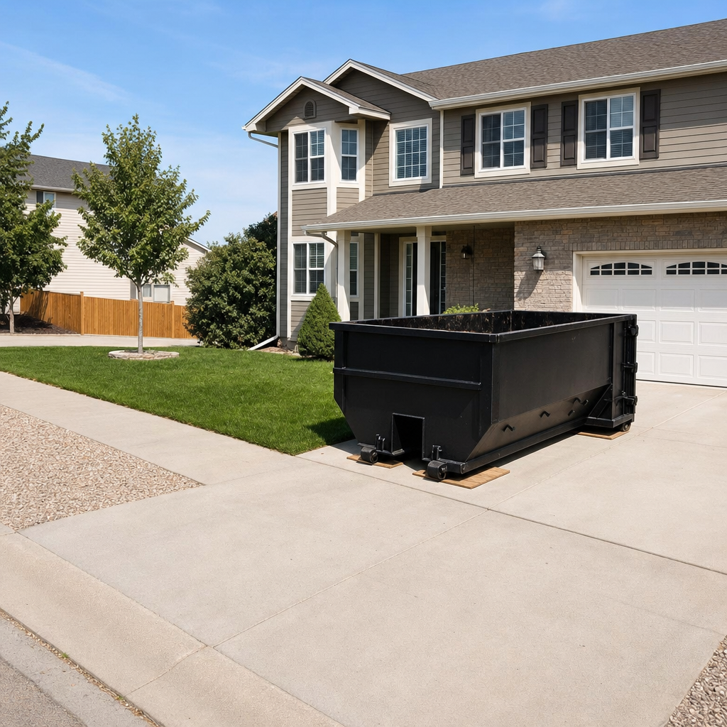 10-yard matte-black residential dumpster placed directly on a narrow Orlando concrete driveway, room remains for a parked sedan beside it, mid-morning natural light