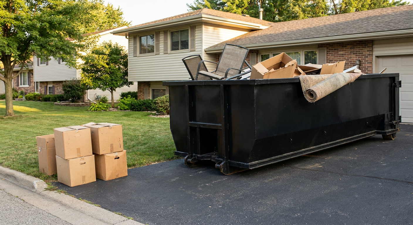 Front-yard view of a Orlando split-level home with a 20-yard matte-black roll-off dumpster sitting directly on the asphalt driveway, a few clearly labeled donation boxes staged at the curb, calm sunny afternoon.