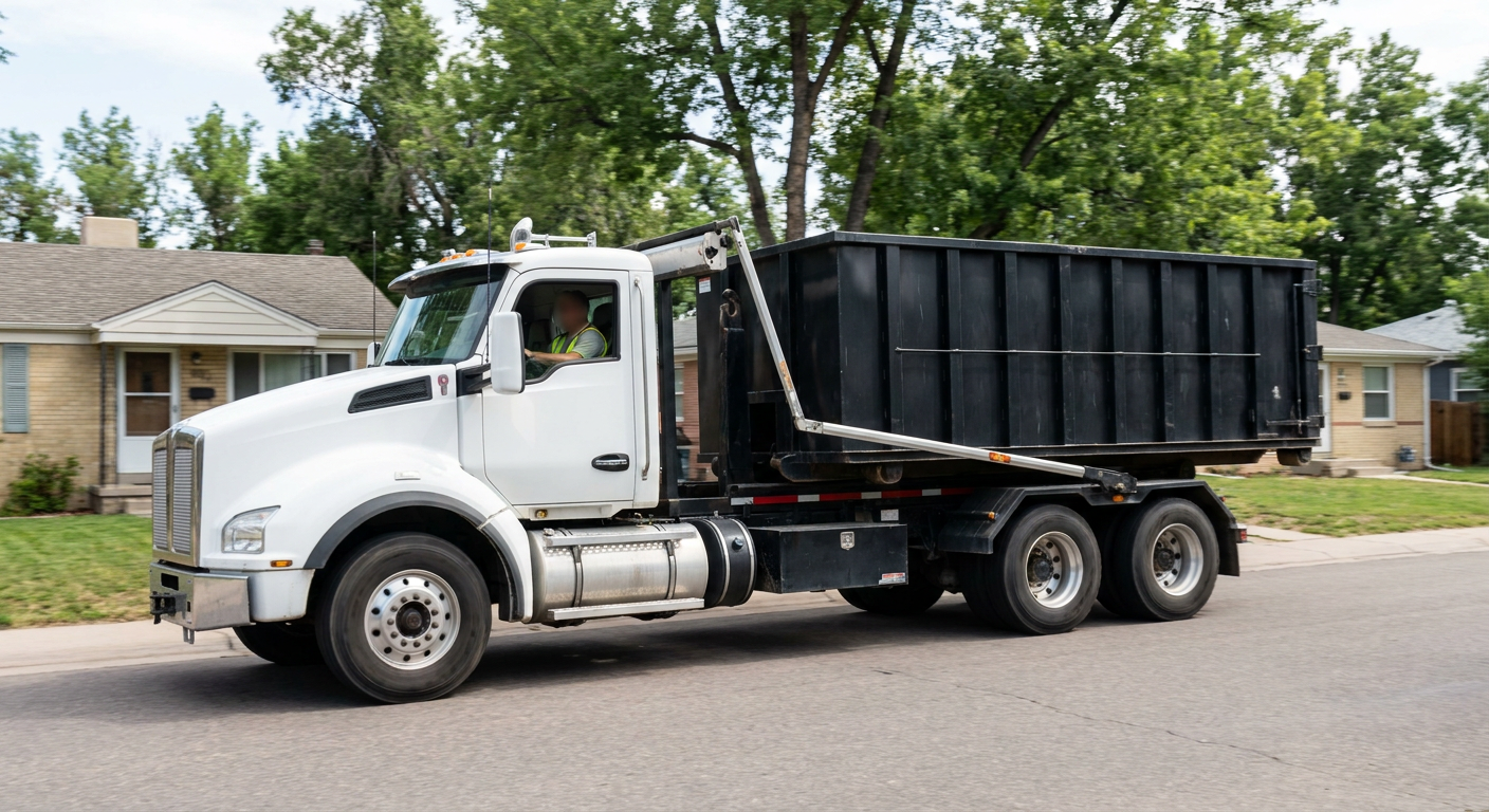 A wide documentary shot of a matte-black roll-off delivery truck pulling onto a quiet Orlando residential street at mid-morning, with neighborhood rooftops and tree-lined blocks visible behind, showing the metro coverage footprint.