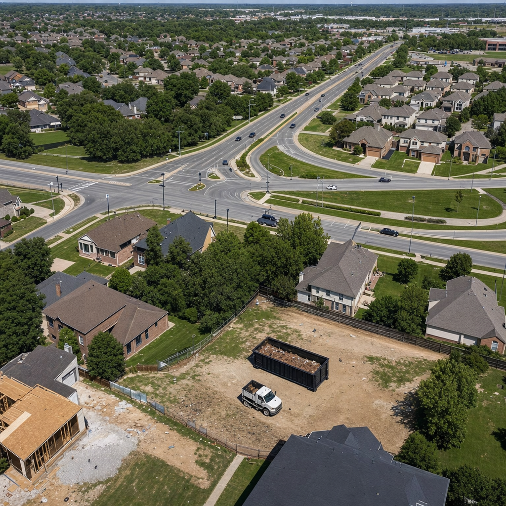 An overhead documentary view of the Orlando metro area at midday, showing the spread of neighborhoods, arterial roads, and the dispatch radius from a central yard — clean daylight, organized geographic layout.