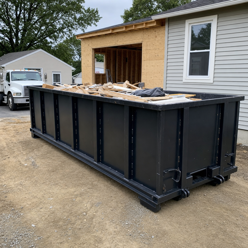 A matte-black 30-yard roll-off dumpster positioned at a Orlando residential addition jobsite, with framing lumber and drywall scraps loaded through the open swinging rear doors.