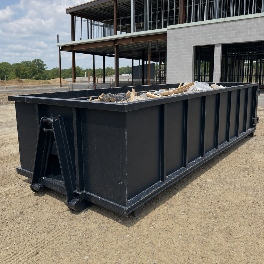A matte-black 40-yard roll-off dumpster staged on a large Orlando commercial construction lot, with a hooklift delivery truck parked alongside under bright midday sky.